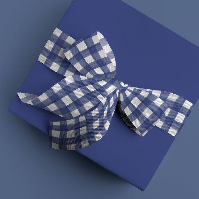 Blue and White Watercolor Gingham Satinband (Dark blue and white watercolor gingham ribbon.)
