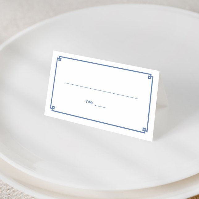 Blue and White Wedding Elegante Chinoiserie Printi Platzkarte (Elegant blue and white greek key border place card with classic chinoiserie print reverse)