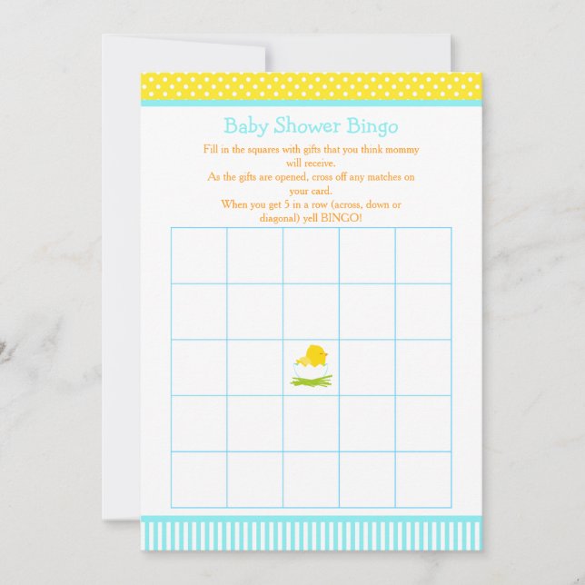 Blue and Yellow Boy Chick Baby Shoounter Bingo Einladung (Vorderseite)