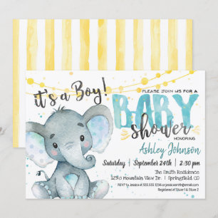 Blue and Yellow Boy Elephan Baby Shower Einladung