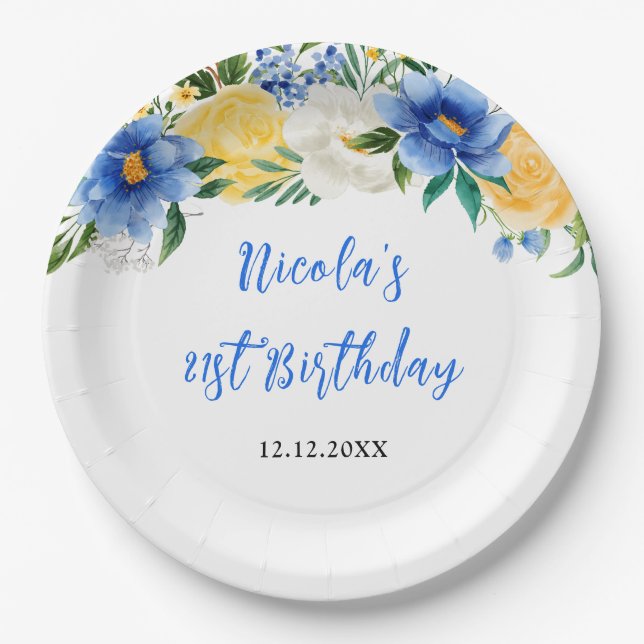 Blue and Yellow Floral Birthday Pappteller (Vorderseite)