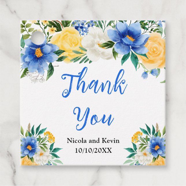 Blue and Yellow Floral Wedding Geschenkanhänger (Vorderseite)