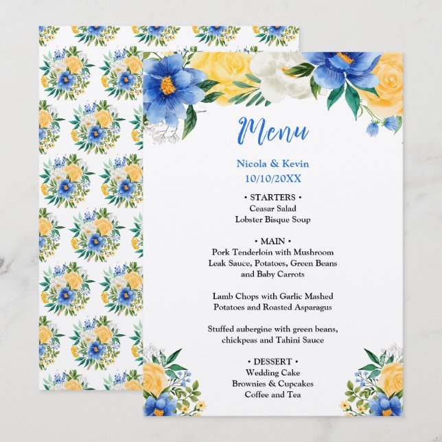 Blue and Yellow Floral Wedding Menükarte (Vorne/Hinten)