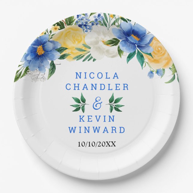 Blue and Yellow Floral Wedding Pappteller (Vorderseite)