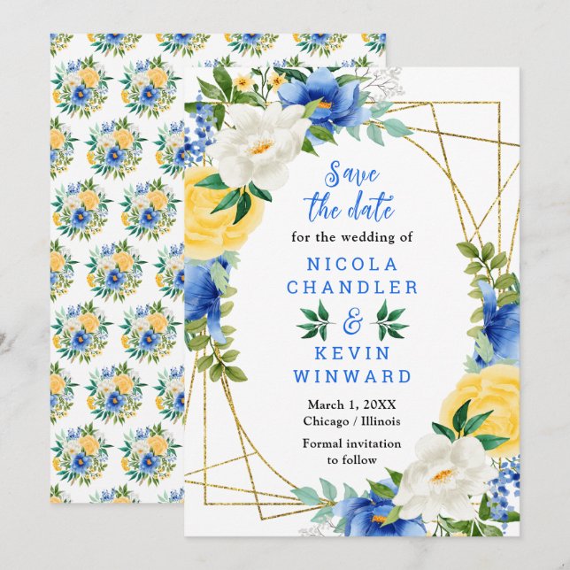Blue and Yellow Flowers Wedding Save The Date (Vorne/Hinten)