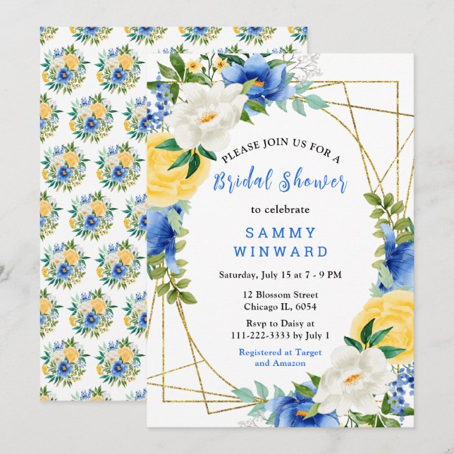 Blue and Yellow Flowers with Foliage Bridal Shower Einladung (Vorne/Hinten)
