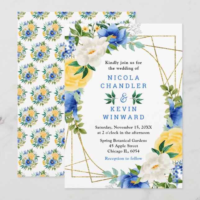 Blue and Yellow Flowers with Foliage Wedding Einladung (Vorne/Hinten)