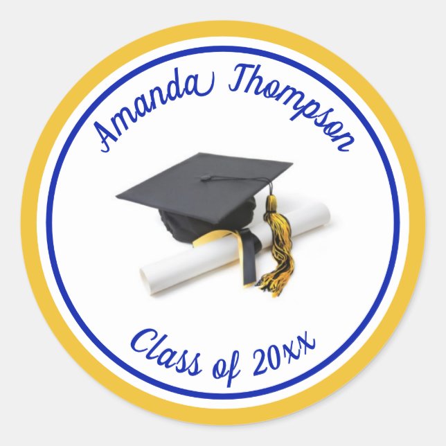 Blue and Yellow Graduation Cap and Tassel Runder Aufkleber (Vorderseite)