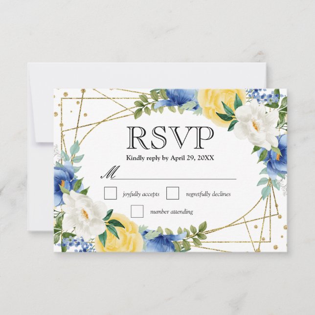 Blue and Yellow Summer Flowers Wedding RSVP Karte (Vorderseite)