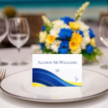 Blue and Yellow Wedding Place Cards Chicken Icon