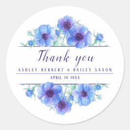 Blue Anemone Aquarell Hochzeit danke Ihnen Aufkleb Runder Aufkleber