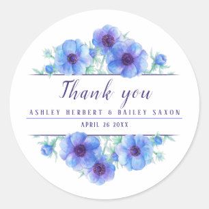 Blue Anemone Aquarell Hochzeit danke Ihnen Aufkleb Runder Aufkleber