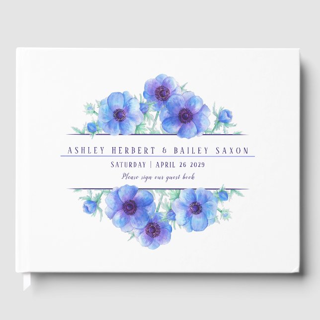Blue Anemone Aquarell Hochzeitsbuch Gästebuch (Vorderseite)