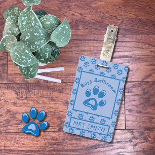 Blue animals paw prints boys bathroom pass badge ausweis