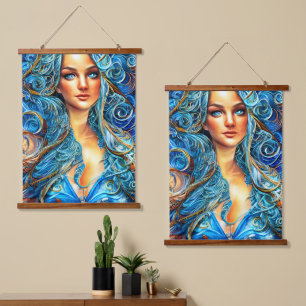 Blue Anime Fantasy Goddess Abstrakt Surrealismus A Wandteppich Mit Holzrahmen