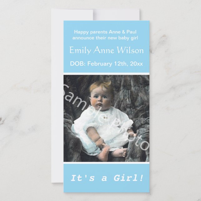 Blue Ankündigung der Geburt eines Kindes. Fügen Si (Vorderseite)