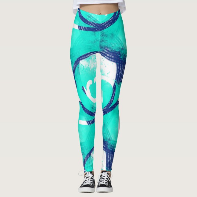 Blue Aqua Abstraktes Muster Yoga Leggings (Vorderseite)