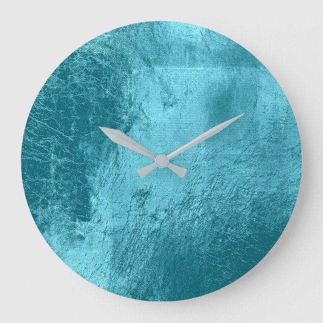 Blue Aqua Blue Metallic Glass Grau Minimal Große Wanduhr (Vorderseite)