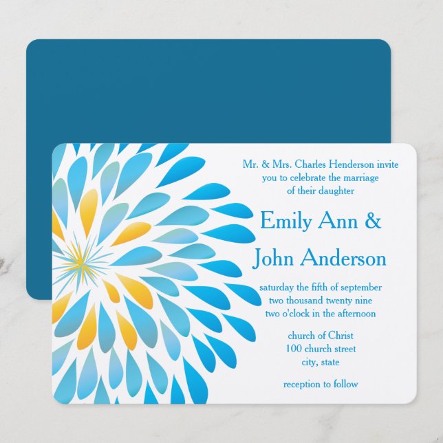 Blue Aqua Floral Chrysanthemum Invitations de mari (Devant / Derrière)