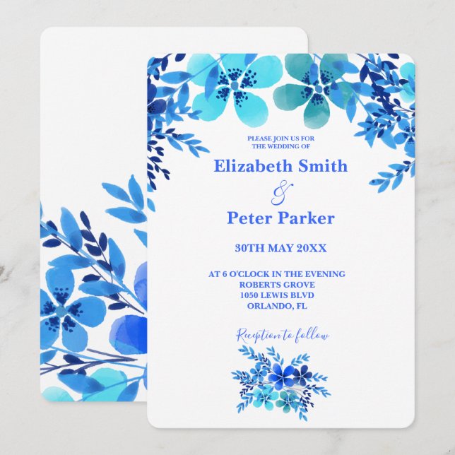 Blue & Aqua Floral Watercolor Hochzeit Einladung (Vorne/Hinten)