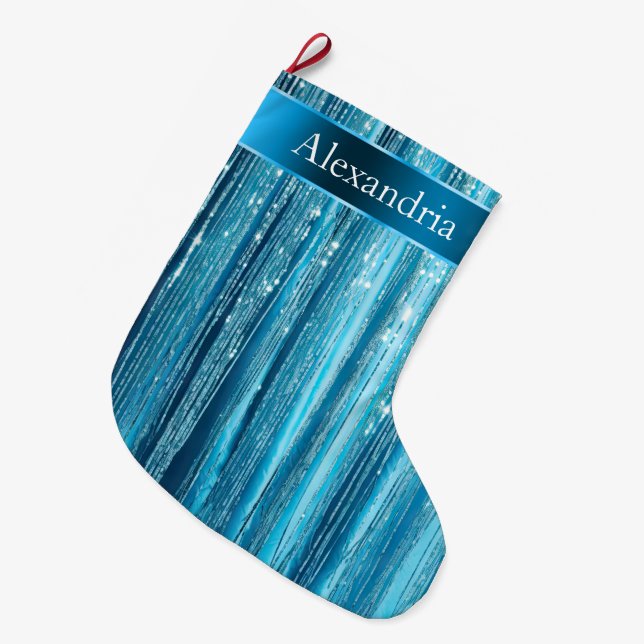 Blue Aqua Glam Glitz Weihnachtsname Großer Weihnachtsstrumpf (Vorderansicht (hängend))