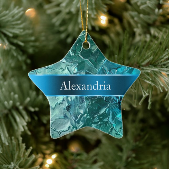 Blue Aqua Glam Glitz Weihnachtsname Keramik Ornament (Baum)