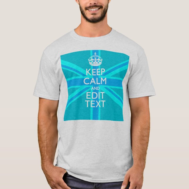 Blue Aqua Keep Calm And Your Text Union Jack T-Shirt (Vorderseite)