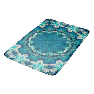 Blue Aqua Mandala Rosette Retro Hippie Badematte