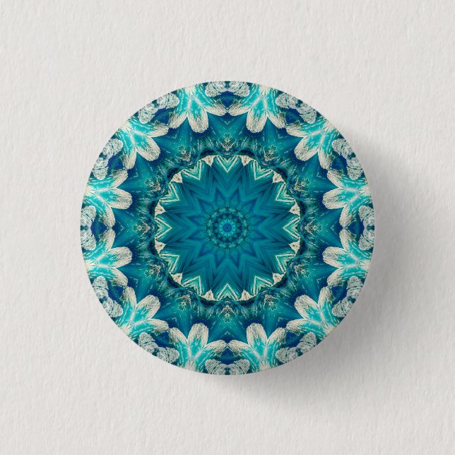 Blue Aqua Mandala Rosette Retro Hippie Button (Vorderseite)