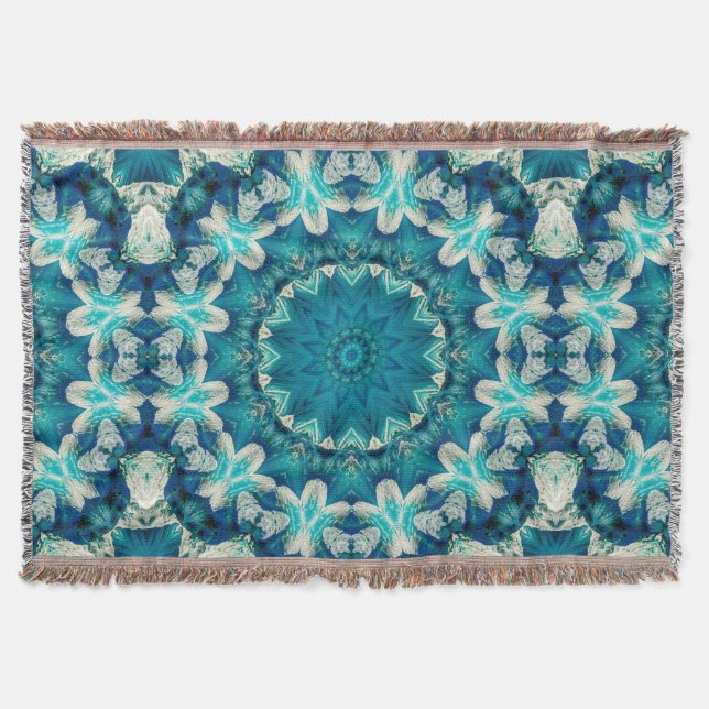 Blue Aqua Mandala Rosette Retro Hippie Decke (Vorderseite)