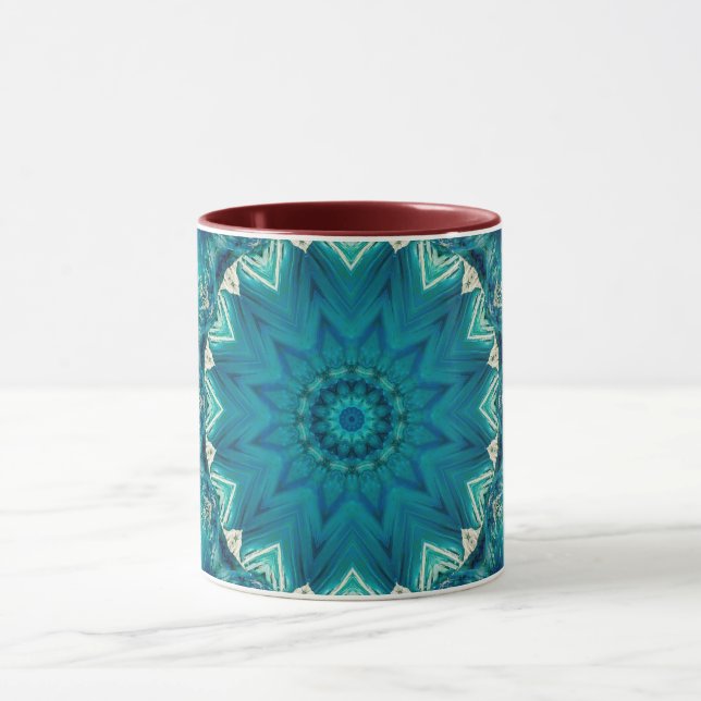 Blue Aqua Mandala Rosette Retro Hippie Mug (Centre)