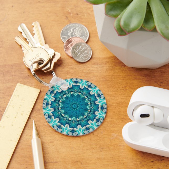 Blue Aqua Mandala Rosette Retro Hippie Schlüsselanhänger (Schreibtisch)