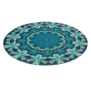 Blue Aqua Mandala Rosette Retro Hippie Schneidebrett