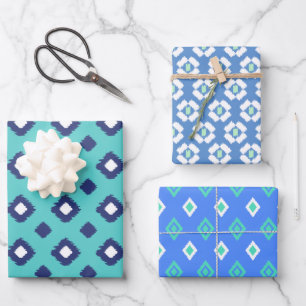 Blue, Aqua & Mint Tribal Diamond Ikat Muster Wrap Geschenkpapier Set