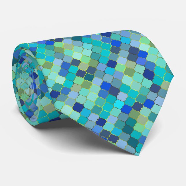 Blue Aqua Moroccan Mosaic Pattern Krawatte (Gerollt)