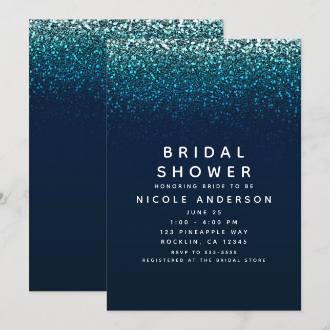 Blue Aqua Navy Glitzer Sparkle Brautparty Einladung (Vorne/Hinten)