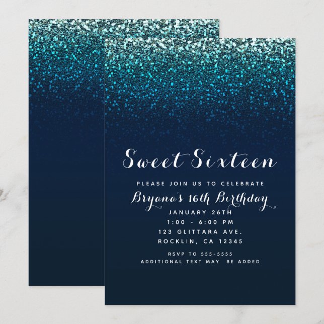 Blue Aqua Navy Glitzer Sparkle Sweet 16 Party Einladung (Vorne/Hinten)