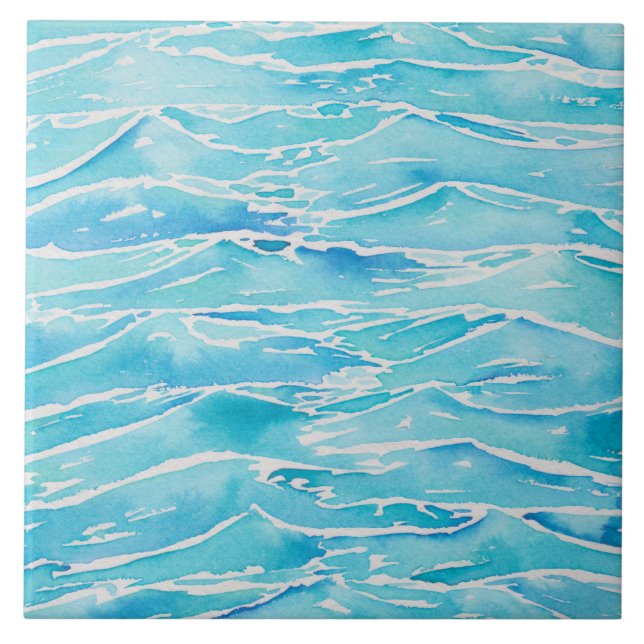 Blue Aqua Ocean Sea Waves Aquarellbilder drucken Fliese (Vorderseite)