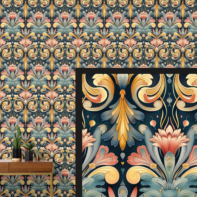 Blue Aqua Pink Gold Jugendstil Tapete (Von Creator hochgeladen)