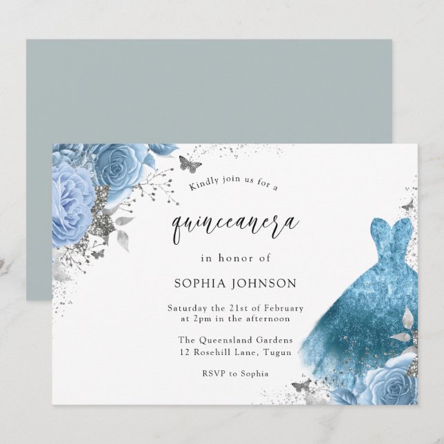 Blue Aqua Silver Dress & Blume Quinceanera Einladung (Vorne/Hinten)
