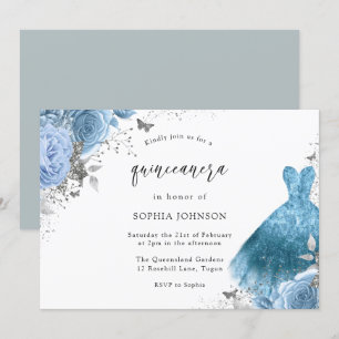 Blue Aqua Silver Dress & Blume Quinceanera Einladung