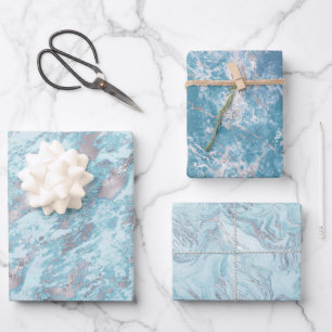 Blue Aqua Silver Marble Geschenkpapier Set