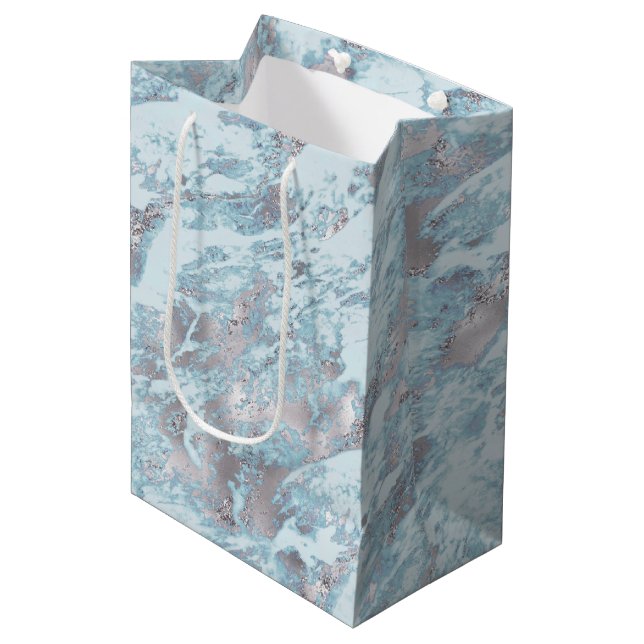 Blue Aqua Silver Marble Mittlere Geschenktüte (Vorderseite Schrägansicht)