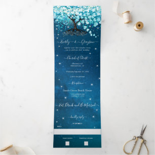 Blue Aqua Turquoise Heart Leaf Tree Wedding Dreifach Gefaltete Einladung