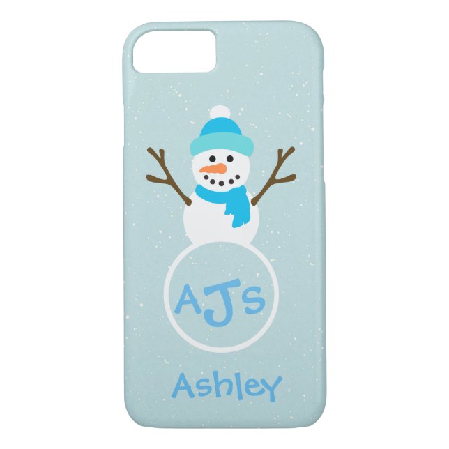 Blue Aqua White Monogram Snowman Case (Rückseite)