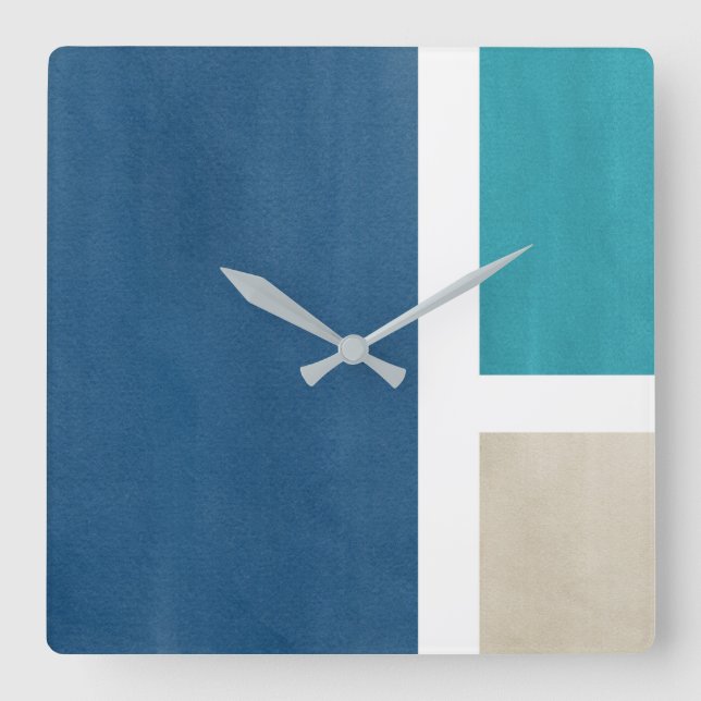 Blue Aquamarin Beige White Modern Quadratische Wanduhr (Vorderseite)
