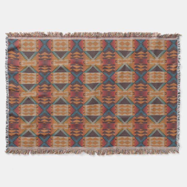 Blue Aquamarin Dark Brown Beige Orange Red Tribal  Decke (Vorderseite)