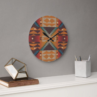 Blue Aquamarin Dark Brown Beige Orange Red Tribal  Große Wanduhr