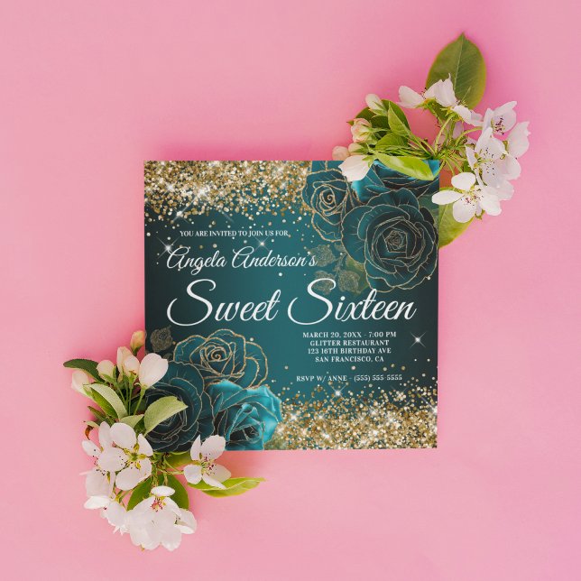 Blue Aquamarin Floral Gold Glitzer Glam 16 . Gebur Einladung (Create your own Sweet 16 birthday invitation for her.)