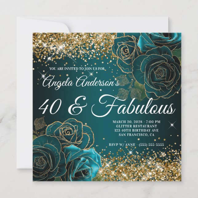 Blue Aquamarin Floral Gold Glitzer Glam 40 & Fabul Einladung (Vorderseite)